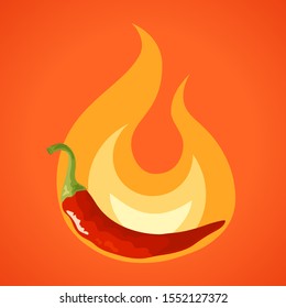 Chili pepper in flame concept. Fresh red cayenne. Vector design on orange background in flat or cartoon style.
