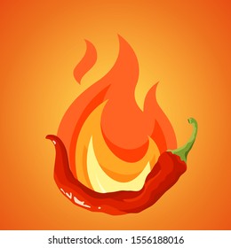 Chili pepper in flame concept. Fresh red cayenne. Vector design on orange background in flat or cartoon style.