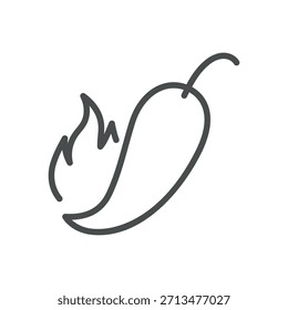 Chili Pepper with Flame Icon. Thin Line Illustration of a Hot Pepper Engulfed in Fire, Symbolizing Intense Heat, Spicy Flavor and Burning Capsaicin Kick. Isolated Outline Vector Sign.