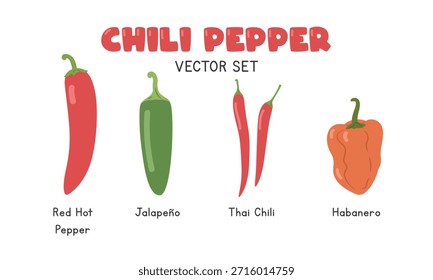 Chili Pepper flacher Cartoon-Vektorsatz einzeln auf weißem Hintergrund. Red Hot Pepper, Jalapeno, Thai Chili und Habanero Pepper