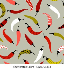 Chili pepper flat vector seamless pattern. Mexican spicy vegetable, food flavoring decorative background. Hot paprika with creative dots and stripes ornament texture. Retro textile, fabric design