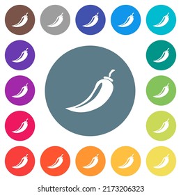 Chili-Pfeffer, flache weiße Symbole auf runden Farbhintergründen. 17 Hintergrundfarbvarianten sind inbegriffen.