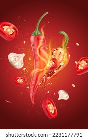 Chili pepper flying with chili splashing elements isolated on dark color background, Vector realistic in 3D illustration.