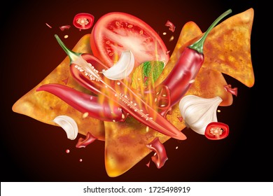 Chili pepper with chili, garlic, potato chips splashing elements isolated on solid color background. Vector realistic in 3D illustration.