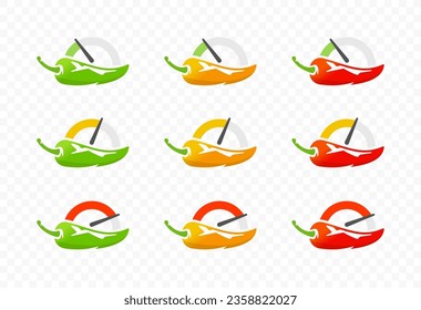 Chili pepper with gauges for heat pepper scale from low to high logo design. Spicy chili pepper with heat pepper scale rating meter vector design