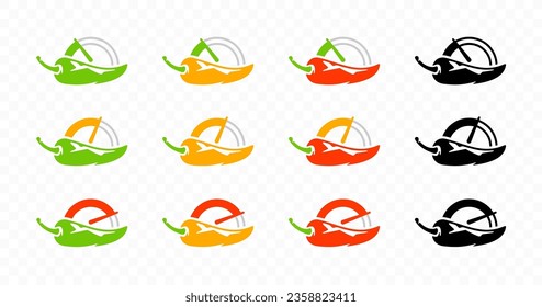 Chili pepper with gauges for heat pepper scale from low to high logo design. Spicy chili pepper with heat pepper scale rating meter vector design