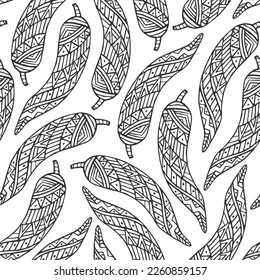 	
Chili pepper graphic seamless pattern for coloring page or book design. Black and white vector illustration.