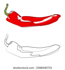 Chili Pepper hand drawn. Hot spice chilli on white background. Line art style. Vector Illustration. Red Chili peppers continuous line art drawing. Monochrome and Color versions. Linear sketch image.