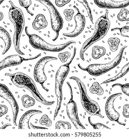 Chili Pepper hand drawn seamless pattern. Vegetable engraved style object. Isolated hot spicy mexican pepper, sliced and crushed pieces, seed. Detailed vegetarian food drawing. Eco Farm market Paprika