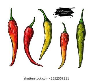 Chili Pepper desenhado à mão ilustração vetorial. Comida mexicana picante isolada. Desenho de pimenta caiena jalapeno. Objeto de estilo gravado vegetal. Ingrediente de molho de salsa. Condimentos no mercado agrícola