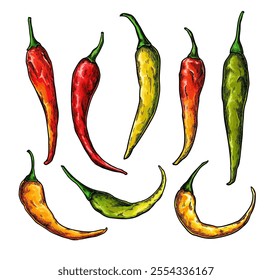 Chili Pepper hand drawn vector illustration. Isolated hot spicy mexican food. Cayenne jalapeno pepper drawing. Vegetable engraved style object. Salsa sauce ingredient. Farm market seasoning