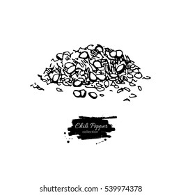 Chili Pepper hand drawn vector illustration of crushed pile. Vegetable engraved style object. Isolated hot spicy mexican flavor. Detailed vegetarian food drawing. Eco Farm market product. Paprika icon