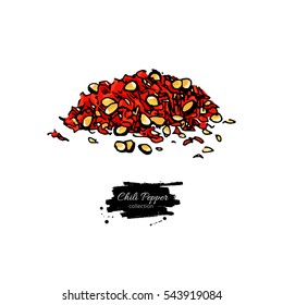 Chili Pepper hand drawn vector illustration of crushed pile. Vegetable artistic style object. Isolated hot spicy mexican flavor. Detailed vegetarian food drawing. Eco Farm market product. Paprika icon