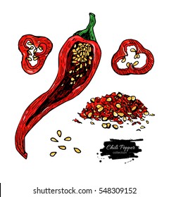 Chili Pepper hand drawn vector illustration. Vegetable artistic style object. Isolated hot spicy mexican pepper, sliced and crushed pieces, seed. Detailed vegetarian food drawing. Farm market Paprika