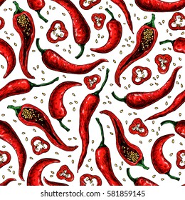 Chili Pepper hand drawn vector seamless pattern. Vegetable artistic style object. Isolated hot spicy mexican pepper, sliced and crushed pieces, seed. Vegetarian food drawing. Eco Farm market Paprika 
