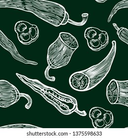 Chili Pepper hand drawn white line work vector seamless pattern on dark green background. Vegetable engraved style object. Hot spicy mexican pepper, sliced and crushed pieces. Vegetarian food drawing