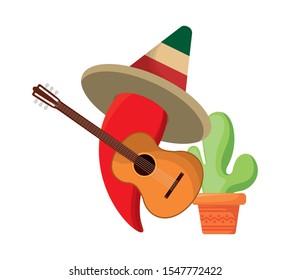 chili pepper with hat and icons mexican vector illustration design