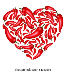 Chili Pepper Heart Shape, Isolated On White Background, Vector Illustration