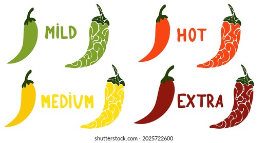 Chili Pepper Heat Unit scale or measurement infographic design template with hot chili pepper on white background.  spicy  level icon collection, mild, medium, hot and extra level. 