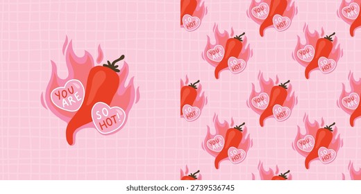 Chili pepper horizontal banner with seamless pattern and isolated valentine element for Valentine's Day. Red hot chili vector illustration for landing page, web design, social media, packaging, set