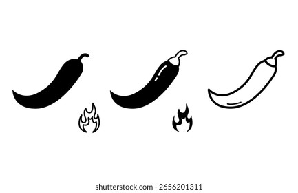Chili pepper hot in black flat style, silhouette and outline with flame. Element, icon set for design for kitchen, cafe, textile. Vector illustration.