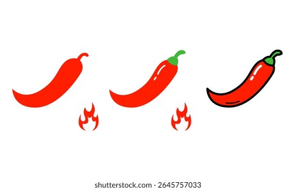 Chili pepper hot in flat style, silhouette and outline. Element, icon set for design for kitchen, cafe, textile. Vector illustration.
