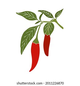 Chili Pepper Hot Handmade Doodling Color Drawing. Spice. Pepper Branch With Leaves And Fruits. Isolated. White Background.