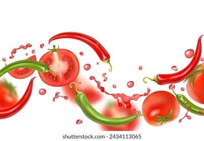 Chili pepper, hot pepper, red and green, tomatoes and red spicy sauce splash. Vector realistic illustration on transparent background