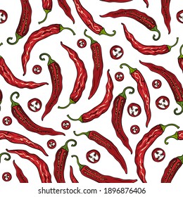 Chili pepper. Hot Chili pepper. Seamless pattern. Mexican jalapeno Chili. Pieces of pepper. Pepper seeds. Vector illustration.