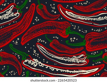 Chili pepper. Hot spicy. Vector seamless print. Vegetable engraved illustration on black background. Vegetarian food, red paprika