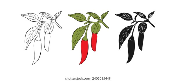 Chili pepper icon logo symbols. Set of red spicy chili peppers or contour or silhouette hand drawn. Spicy and hot capsicum. Vector illustration