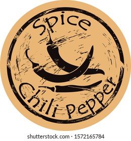 Chili pepper icon vector round shabby emblem design, old retro style. Spice ingredient for food logo mail stamp on craft paper. Cooking ingredient vintage grunge sign. Whole pepper pod. Spicy food.