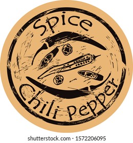 Chili pepper icon vector round shabby emblem design, old retro style. Spice ingredient for food logo mail stamp on craft paper. Cooking ingredient vintage grunge sign. Chopped pepper pod. Spicy food.