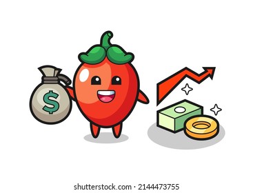 chili pepper illustration cartoon holding money sack , cute design