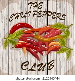 Chili pepper in illustration with text.Color vector illustration with chili pepper on wooden background and text.