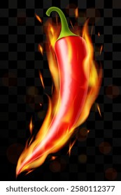 Вurning chili pepper isolated on dark background. Red hot chili pepper with fire. Vector realistic in 3D illustration.