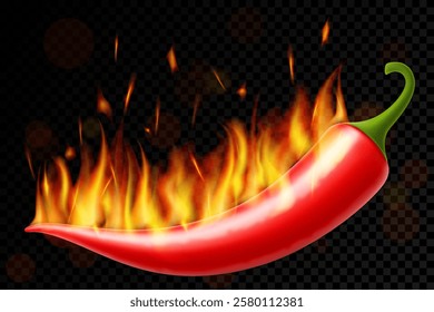 Вurning chili pepper isolated on dark background. Red hot chili pepper with fire. Vector realistic in 3D illustration.