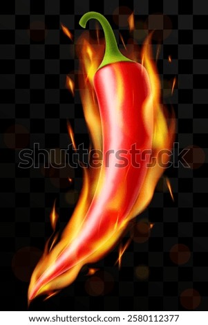 Вurning chili pepper isolated on dark background. Red hot chili pepper with fire. Vector realistic in 3D illustration.