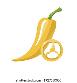 Chili pepper isolated on white background. Set of jalapeno pepper, half and whole. Yellow pepper icon. Hot spicy chilli. Jalapeno, spice, traditional ingredient of Mexican cuisine. Vector