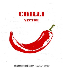 Chili pepper isolated on white scratched background, rough stylized print. Vector logo