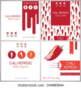 Chili pepper labels set. Collection of banners for pack design. Vegetarian food tags