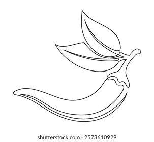 Chili pepper with leaves line isolated on white background. Simple vegetable silhouette. Hand drawn chili pepper outline. Vector illustration