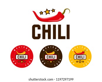 chili pepper logo in different colors in a circle with stars and text