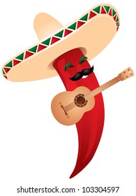 Chili pepper mariachi in sombrero playing a guitar. Mexican tradition food, music and coat vector illustration