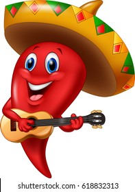 Chili pepper mariachi wearing sombrero playing a guitar