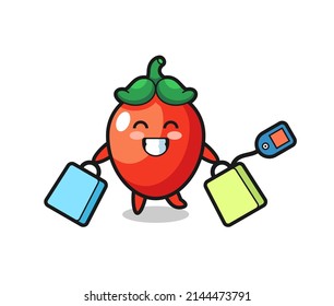 chili pepper mascot cartoon holding a shopping bag , cute design