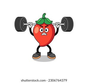 chili pepper mascot cartoon lifting a barbell , character design