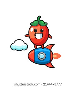 chili pepper mascot character riding a rocket , cute design