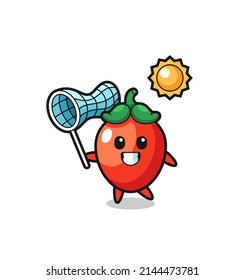 chili pepper mascot illustration is catching butterfly , cute design