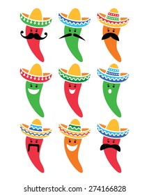 Chili pepper in Mexican Sombrero hat with mustache icons 